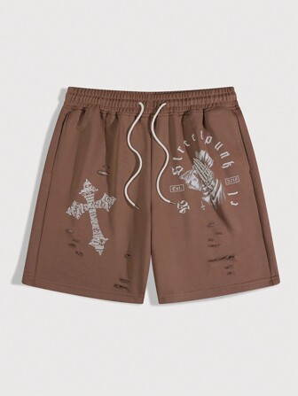 Street Life Pantalones cortos casuales vintage con estampado de cruz y desgastados para hombres