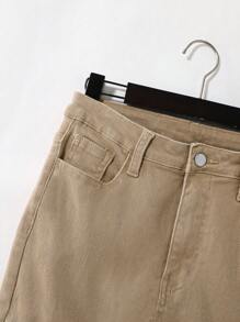 SHEIN Teen Boy Khaki Comfortable And Refreshing Dark Wash Design Elasticity Denim Skinny Pants For Dailywear - Khaki - View 4