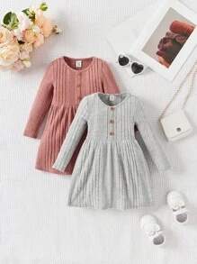 SHEIN Leap Crew Conjunto de 2 piezas de vestido de punto elástico de manga larga y adorable para bebé niña, otoño/invierno - Multicolor - Ver 1