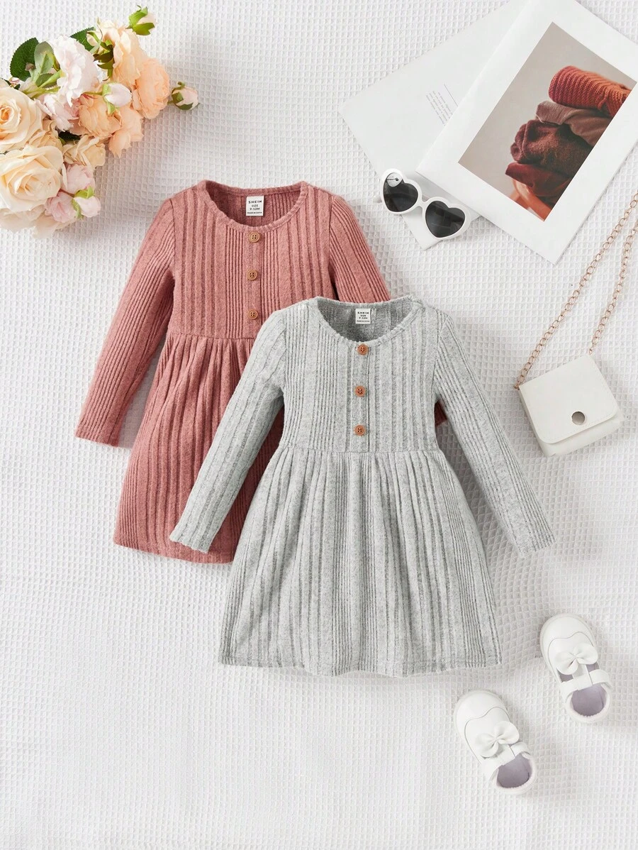 SHEIN Leap Crew Conjunto de 2 piezas de vestido de punto elástico de manga larga y adorable para bebé niña, otoño/invierno - Multicolor - Ver 1