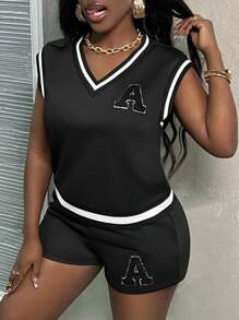Slaydiva Conjunto de chaleco holgado sin mangas estilo universitario con cuello en V y pantalones cortos holgados con parche -E - Negro - Ver 4