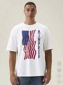 Manfinity VCAY 男士宽松圆领短袖针织 T 恤，印有美国国旗，适合夏季