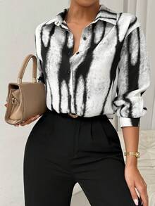 RosyDaze 女士长袖商务休闲衬衫，黑白，秋季