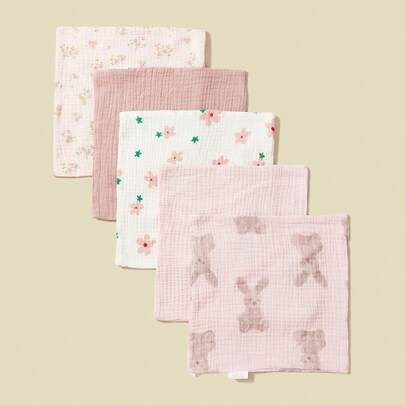 5pcs Baby Bibs, 100% Cotton Comfortable Square Towel Saliva Towel Multipurpose Breathable Flower Pattern