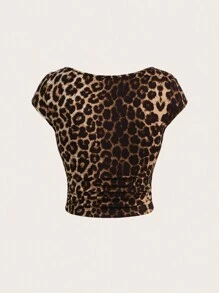 SHEIN Essnce Summer Casual Leopard Print Crew Neck Women's Slim Fit T-Shirt Inside Out Airport Outfit Teacher T-Shirt Back To School T-Shirt Old Money Style Outfits Going Out Top,2pcs