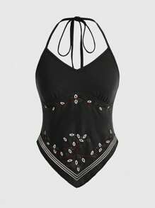 ROMWE Fairycore 女式夏季不對稱下擺褶皺領口領口露背背心，植物刺繡 - 黑色 - 查看 1