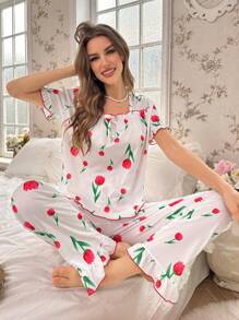 Conjunto de pijama con estampado de mujer, estilo princesa, con volantes de encaje y mangas cortas, conjunto blanco - Blanco - Ver 1