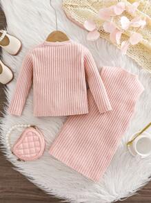 SHEIN Cute Baby Girl's Solid Color Sleeveless Knitted Dress And Cardigan Set, Fall/Winter - Pink - View 2