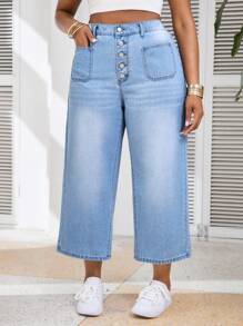 Firerie Pantalones vaqueros rectos de tiro alto y pierna ancha de talla grande en azul, aptos para uso casual y vacaciones