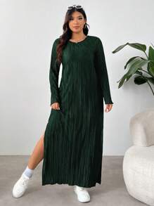 SHEIN EZwear Plus Size Black Pleated Long Split Hem Dress