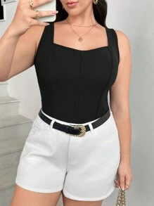 SHEIN Frenchy Women's Plus Size Solid Color Fishbone Press Line Camisole Summer  Top - Black - View 4