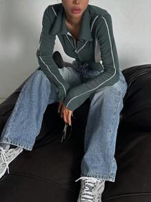 DAZY 斜口袋寬腳牛仔褲 - 中等水洗藍 - 查看 2