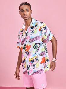 ROMWE MEN The Powerpuff Girls | ROMWE Men's Casual Cartoon & Letter Print Short Sleeve Shirt, Summer, School - Multicolor - View 6