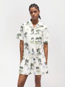 Maija 女式短袖鈕領熱帶植物印花荷葉邊迷你連衣裙