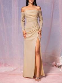 SHEIN Belle Women's Elegant Khaki Stretch Korean Net Silver Silk Fabric Off Shoulder Long Sleeve Tube Top Gathered Fit High Slit To The Thigh A-Line Hem Suitable For Wedding Events Formal Bridesmaid Dress