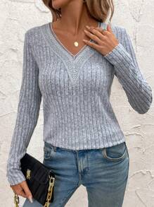 EMERY ROSE V Neck Floral Lace Embellished Neckline Brushed Rib Casual Eleagnt Women T-Shirt For Spring/Fall - Grey - View 6