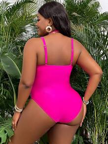 Swim Vcay Plus Size Rose Red Beachwear One-Piece Swimsuit, Summer Swimwear Plus Size Women - Hot Pink - View 2