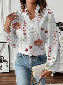 SHEIN LUNE Áo sơ mi cổ chữ V in hoa - Màu Cam cháy - Xem 4