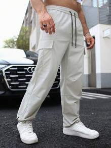 Manfinity Hypemode Men Flap Pocket Side Drawstring Waist Cargo Pants - Beige - View 5