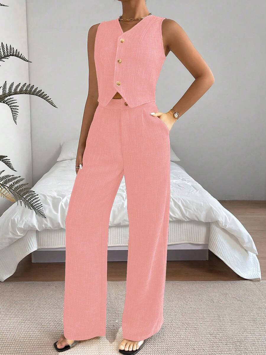 Chiquease Women's 2pcs Set V-Neck Sleeveless Buttoned Simple Top And Straight Wide-Leg Pants - Pink - View 1