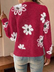 Chiquease Áo Cardigan hở vai họa tiết hoa dùng hàng ngày cho trang phục năm mới - Đỏ - Xem 2