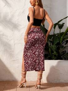 SHEIN VCAY Women's Solid Color Simple Camisole Top And Drawstring Pleated Slit Skirt Vacation Outfit Set - Multicolor - View 2