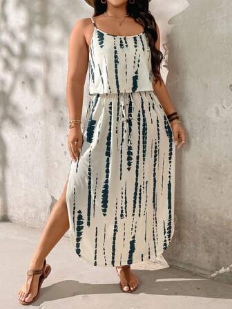 SHEIN LUNE Große Größen Sommerkleid aus weichem Batikdruck mit Schlitz und geraffter Taille