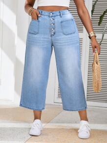 Firerie Pantalones vaqueros rectos de tiro alto y pierna ancha de talla grande en azul, aptos para uso casual y vacaciones