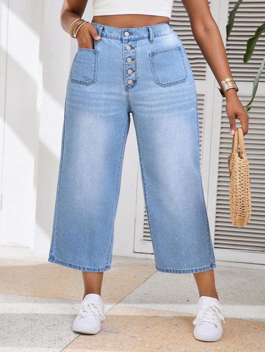 Firerie Pantalones vaqueros rectos de tiro alto y pierna ancha de talla grande en azul, aptos para uso casual y vacaciones
