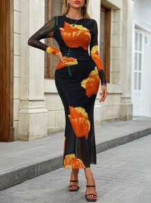 Aveloria Vestido midi para mujer con mangas largas de malla sexy semi-transparente, estampado floral grande y maduro al azar y ajustado al Body