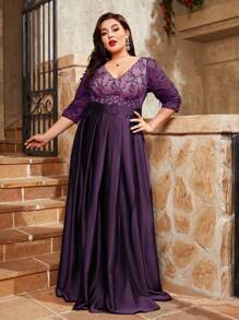 Váy xòe ren thêu cổ chữ V cỡ lớn, tay áo dài vừa phải, màu tương phản, bằng vải satin, khóa trang trí, váy phù dâu thanh lịch - Màu tím - Xem 5