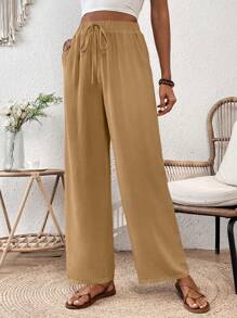 Chiquease Pantalones largos de primavera/verano con textura tipo crepé, pierna recta suelta y cordón elástico - Caqui - Ver 3