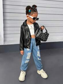 SHEIN Explorewe 2 buc/Set fete fete tinere stradă, negru, motocicletă, jachetă din piele PU, haină și ținută cu pantaloni denim rupti albastru deschis, potrivite pentru toamna/iarna - Negru - Vizualizare 3