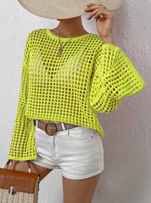 Breezaya Suéter de moda para mujer con cuello redondo, tejido de malla y diseño de huecos - Amarillo - Ver 4