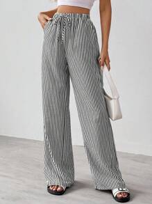 SHEIN Tall Striped & Printed Casual Daily Wear Women Spring/Summer Long Pants - Black - View 3