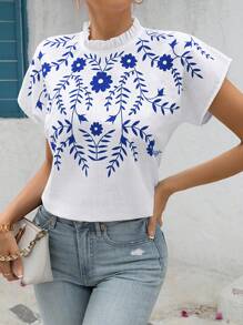SHEIN Essnce Women Summer Casual White Top Floral Print Stand Collar Batwing Sleeve Shirt
