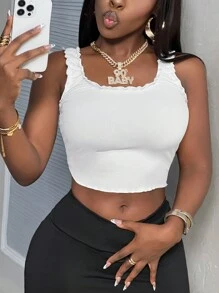 Slaydiva Camiseta básica dulce y linda blanca de ribete con correa de encaje, cuello redondo, sin mangas, elástica y ajustada para mujer, camiseta sin mangas de verano