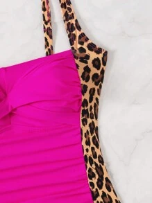SHEIN Swim 豹紋褶皺設計的夏季海灘單件泳衣 - 玫紅色 - 查看 7