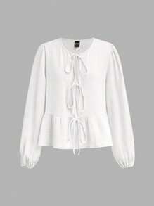 SHEIN Essnce 女用繫帶腰燈籠袖上衣高腰寬鬆褲兩件套2024春季休閒裝 - 白色 - 查看 4