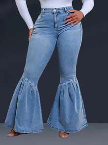 Women's Stretchy Patchwork Flared Jeans - Light Wash - View 2