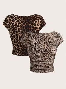 SHEIN Essnce Summer Casual Leopard Print Crew Neck Women's Slim Fit T-Shirt Inside Out Airport Outfit Teacher T-Shirt Back To School T-Shirt Old Money Style Outfits Going Out Top,2pcs