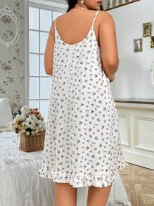CottageSlumber Plus Size Lace Patchwork Country Style Ditsy Floral Cami Dress With Spaghetti Strap, Open Back, Loose And Comfortable Ruffled Hem Sleep Dress, Moo Moo Cozy And Elegant Details - White - View 2