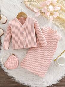 SHEIN Cute Baby Girl's Solid Color Sleeveless Knitted Dress And Cardigan Set, Fall/Winter - Pink - View 1