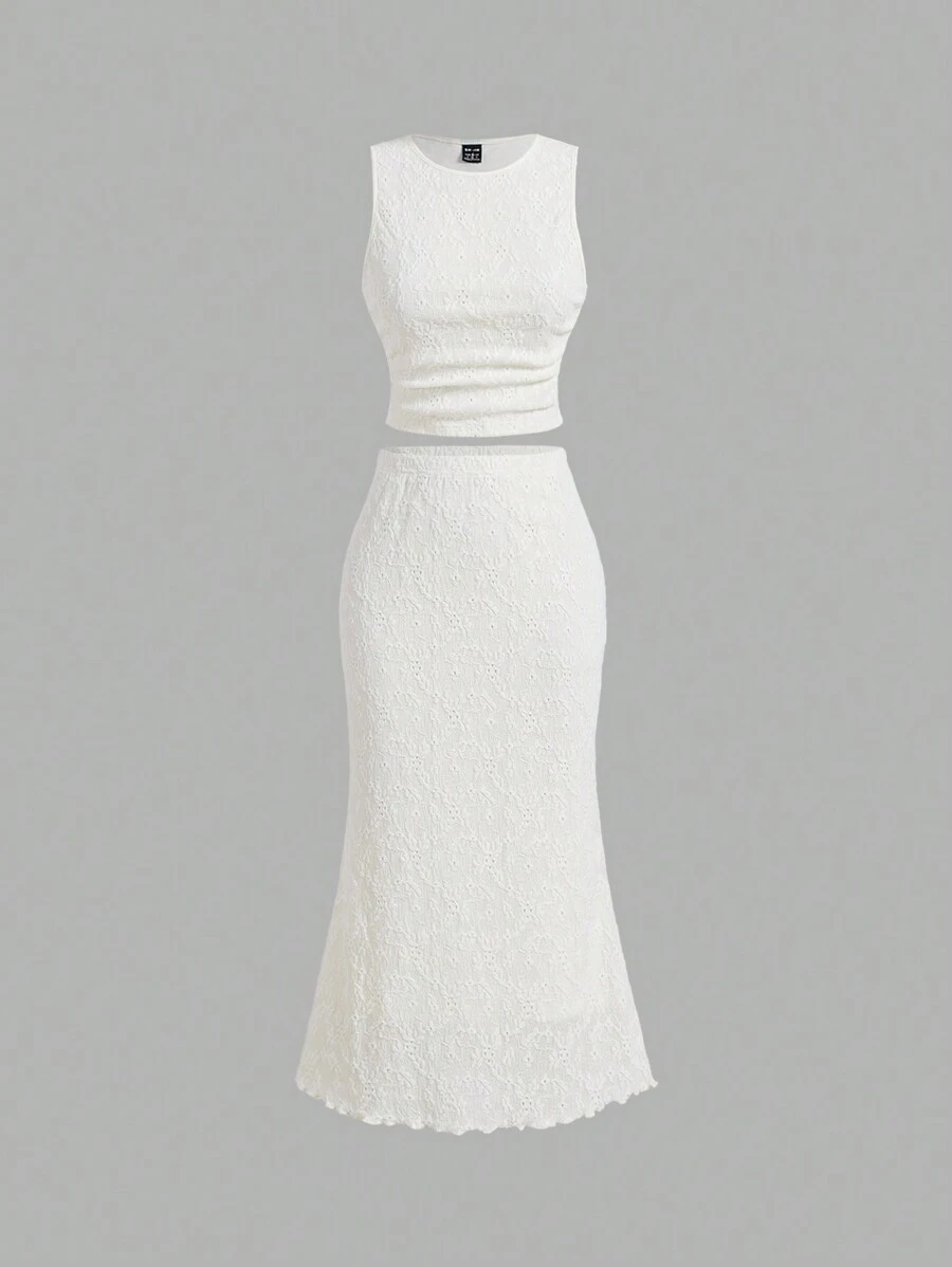 SHEIN MOD 白色針織提花背心&露脐短上衣，長裙優雅套裝 - 白色 - 查看 1