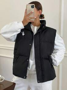 DAZY Women's Embroidered Collar Loose Warm Sleeveless Padded Coat Vest, Winter, Winter Women Clothes, Padded Coat Women Jacket - Black - View 8