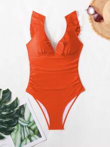 SHEIN Swim 夏季實心荷葉邊連身泳裝 - 亮橙色 - 查看 7