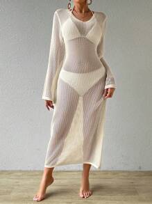 Swim Chiccia 夏季衣服女士圆领透视长袖游泳罩衫连衣裙夏季 - 杏色 - 查看 2