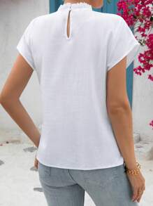 SHEIN Essnce Women Summer Casual White Top Floral Print Stand Collar Batwing Sleeve Shirt