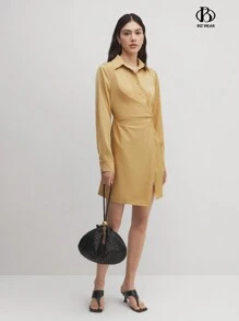 BizChic Damen elegantes Satinkleid mit Revers, Langarm, für Büro und Geschäft, formelle Arbeitskleidung - Gelb - Übersicht 4