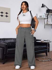 SHEIN ICON Plus Size Women's Elastic Waist Washed Denim Cargo Pants - Grey - View 3